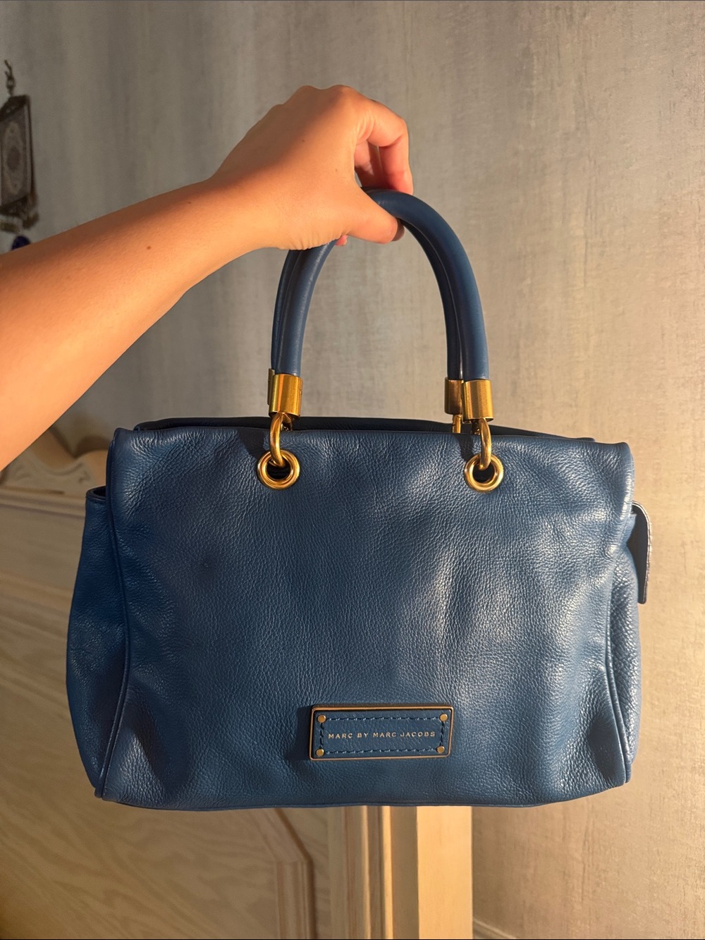 Marc By Marc Jacobs Navy Blue Leather Satchel with Gold Hardware